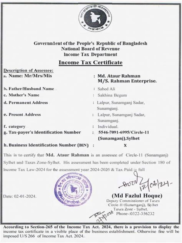 What is a certificate of payment of business tax?